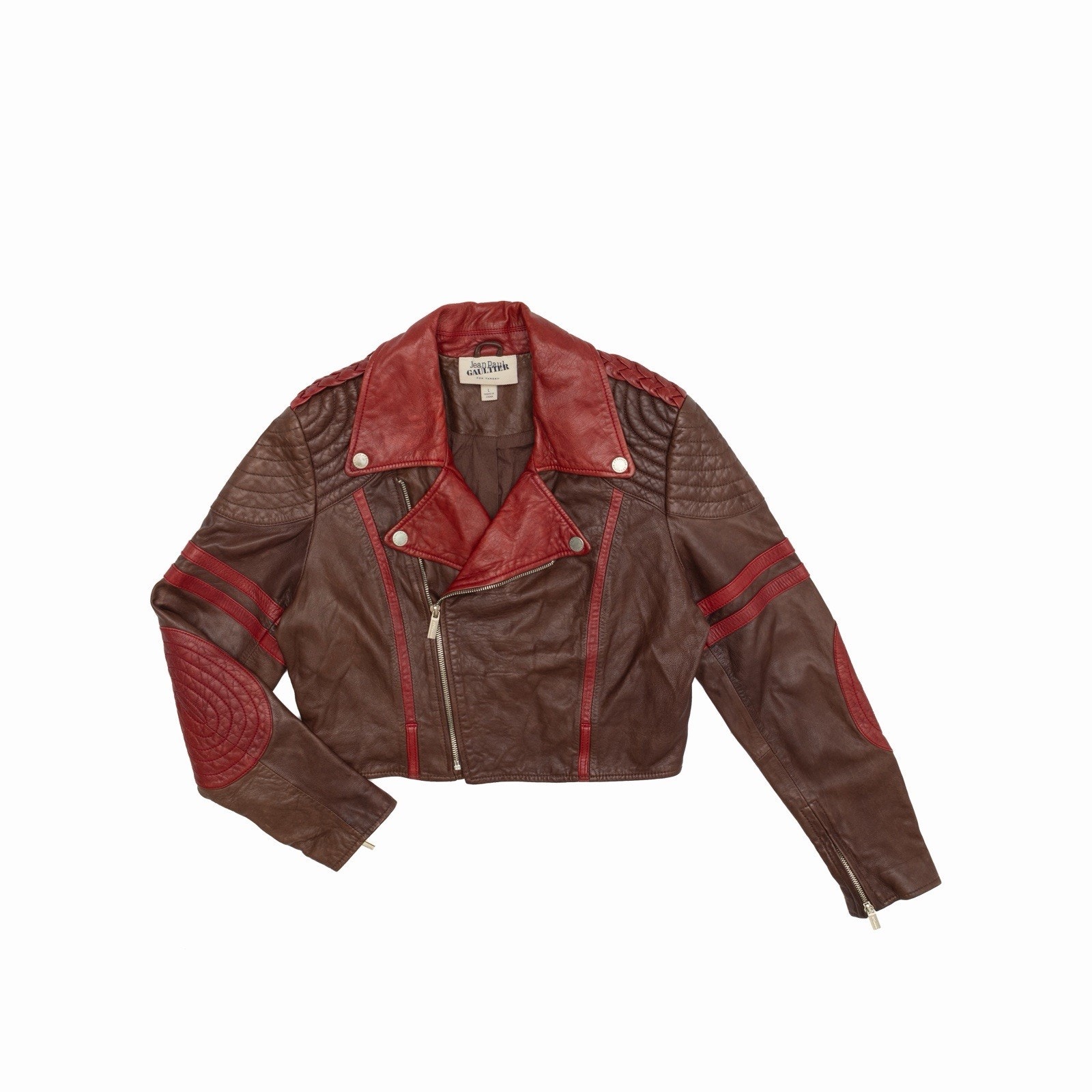 Jean Paul Gaultier Red/Brown Cropped Leather Motorcycle Jacket Rare Y2k Sz: L